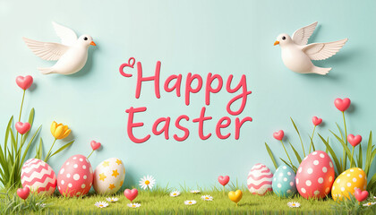 Colorful Easter eggs in various patterns are displayed on green grass, accompanied by cheerful doves and flowers, celebrating the arrival of spring