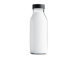 Fresh milk bottle, glass container with black cap, white isolated background.