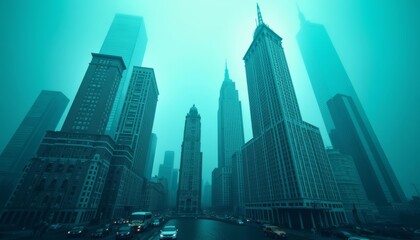 Fototapeta premium Emerald Cityscape Amidst the fog the city stands tall