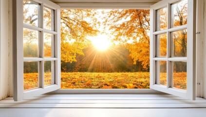 Obraz premium Morning Sunlight Through Window Illuminating Autumn Trees
