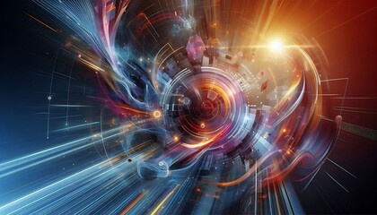 Obraz premium Futuristic whirlwind with vibrant light trails and abstract digital elements in motion