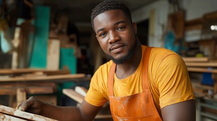 Obraz premium A young man in a workshop, wearing an orange apron, looking at the camera.