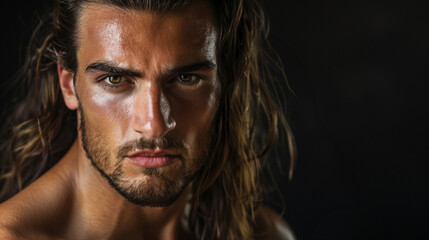 Fototapeta premium Intense close-up portrait of a male model with long hair