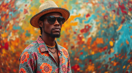 Obraz premium Vibrant Fashion Photography: Trendy Urban Portrait with Colorful Backdrop, Floral Pattern, and Stylish Accessories