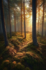 Fototapeta premium Enchanting Morning Mist in a Sunlit Forest - Captivating Image of Sunlight Streaming through Trees in a Serene Woodland Landscape