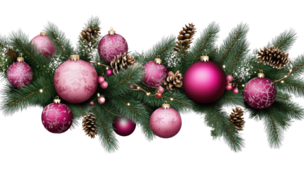Festive Christmas garland on a transparent background: decorative composition with pine cones and decorations