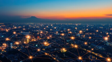 Naklejka premium Night aerial view of a city illuminated with glowing network lines.