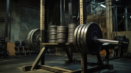 Fototapeta premium Barbell with heavy weight plates resting on a squat rack, dimly lit gym with a gritty, industrial atmosphere