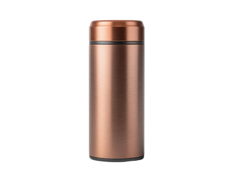 Stainless steel thermal flask, copper finish, isolated on white background, ideal for beverages and travel.