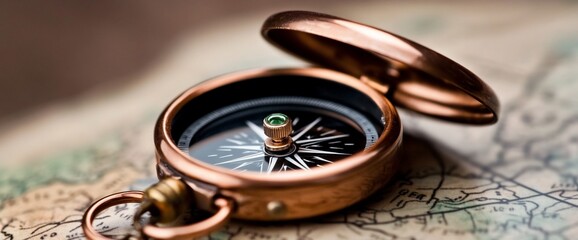 Fototapeta premium Close-up of an antique compass with a green jewel on a map.