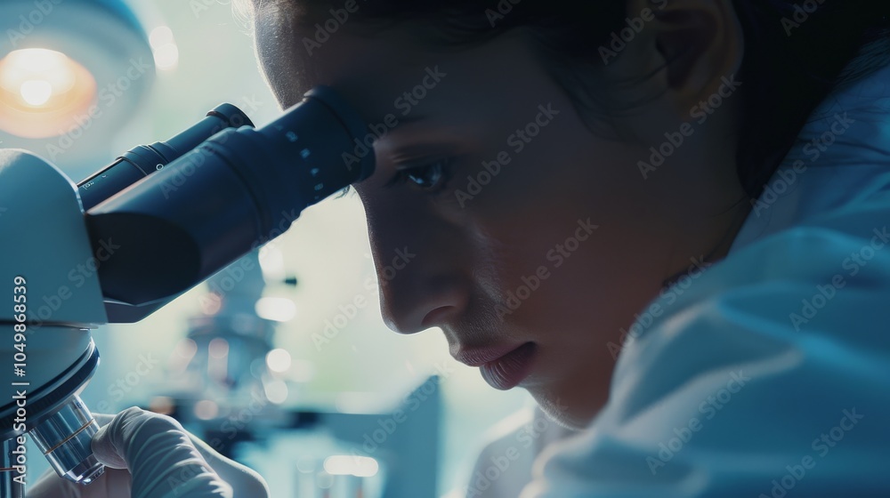 Poster a close-up of a medical researcher analyzing a sample under a microscope, focusing on the microscope