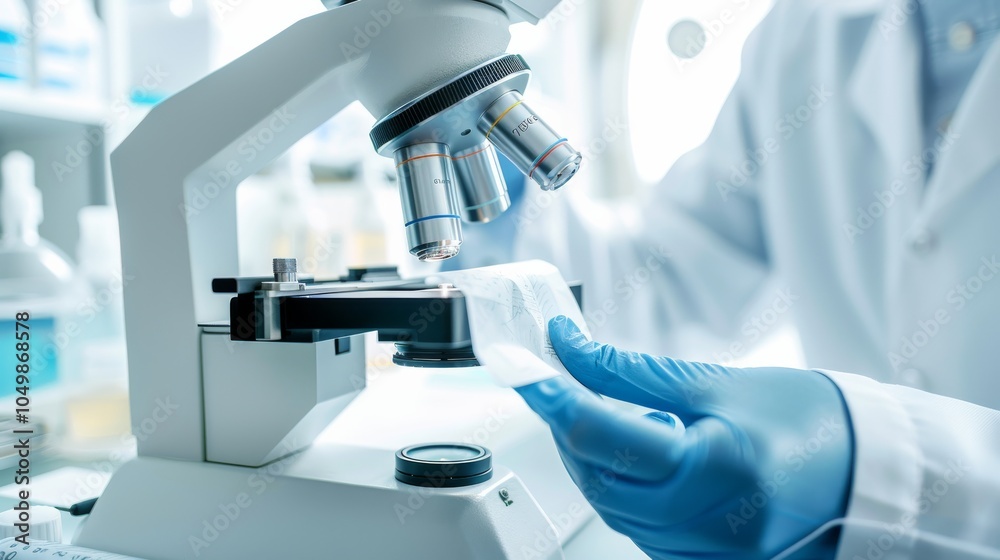 Aufkleber a close-up of a medical researcher analyzing a sample under a microscope, focusing on the microscope