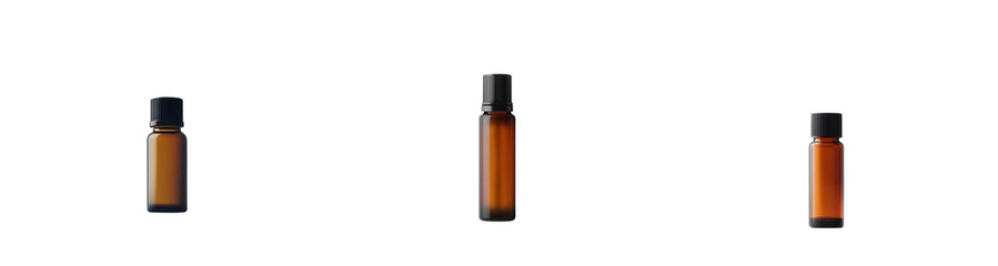 Three amber liquid bottles with black caps on a white isolated background.