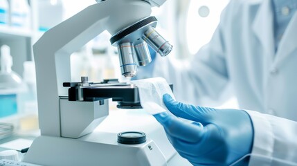 A close-up of a medical researcher analyzing a sample under a microscope, focusing on the microscope and sample slide, set against a clean