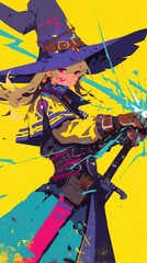 a powerful wizard casting a colorful burst of magical energy, his robe flowing with shifting hues of deep blues and purples. The energy crackles with life, lighting up the scene. Dominant colors: brig