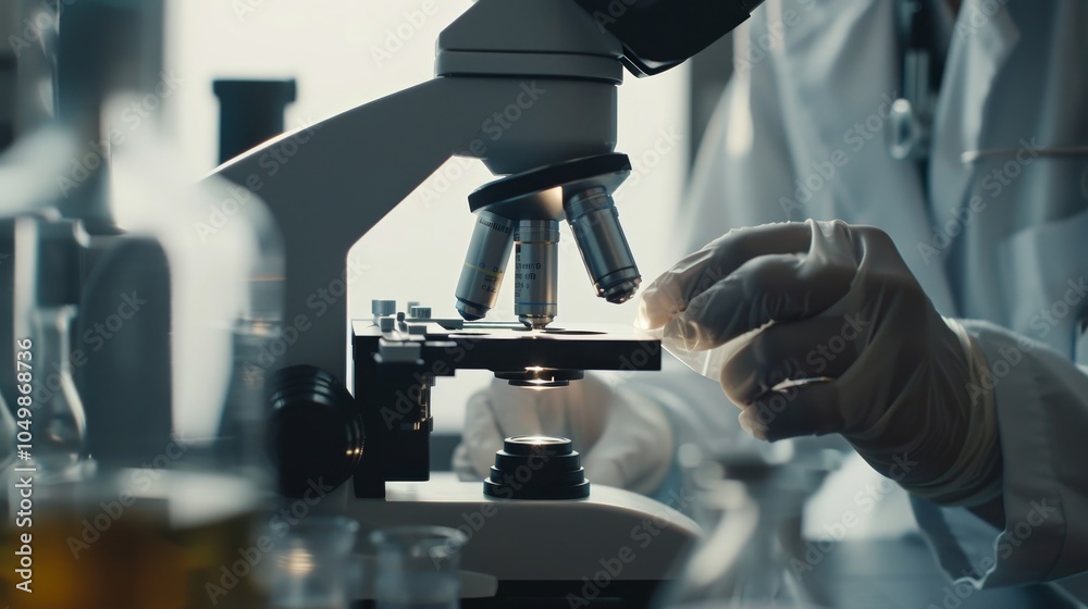 Leinwandbilder A close-up of a medical researcher analyzing a sample under a microscope, focusing on the microscope and sample slide, set against a clean