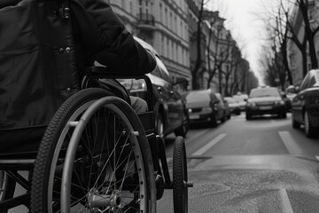 Naklejka premium Person in a wheelchair is crossing a street with cars behind him. The scene is black and white, giving it a somber and serious tone