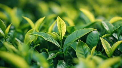 Obraz premium Close-up of freshly plucked tea leaves from Muzangchai, showcasing their rich green color
