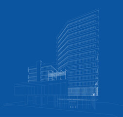 Fototapeta premium Perspective 3D render of building wireframe. 