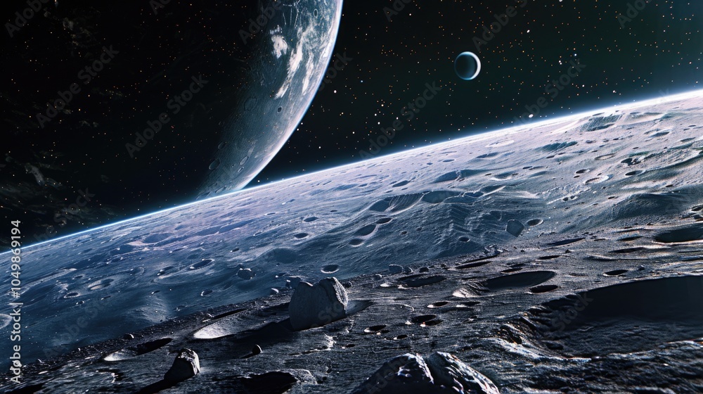 Canvas Prints rocky surface with a large planet in the background. the planet is surrounded by a lot of space debr