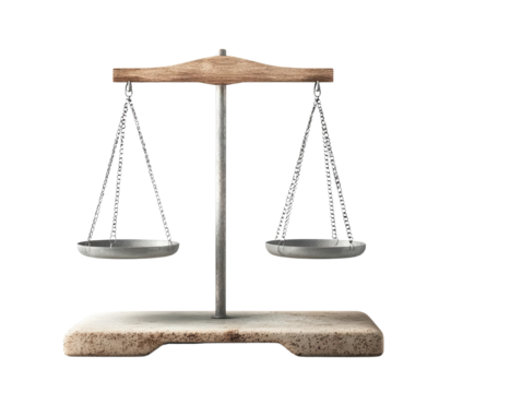 Traditional balance scale with metal pans isolated on white background.