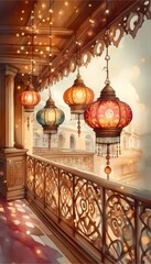 Obraz premium A diagonal view of a few Diwali paper lanterns on an elegant balcony in warm colors. The image should be full and in a watercolor style.