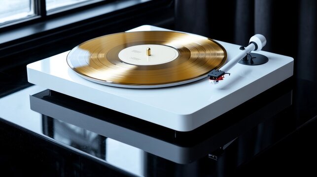 A minimalist white record player with a gold disc placed on a polished black table for timeless music for nostalgia