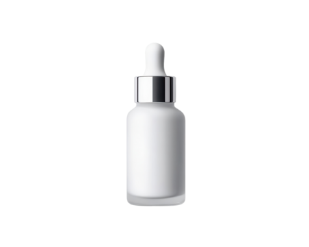White serum bottle with dropper, isolated on a clean background for cosmetic product presentation.