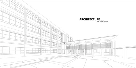 Perspective 3D render of building wireframe.
