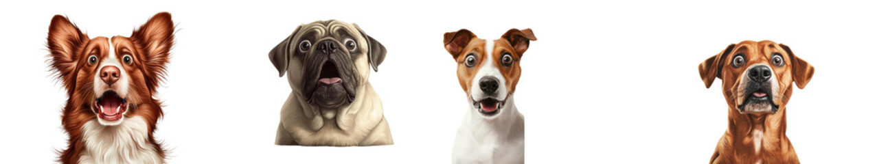 Obraz premium A collection of four different dog breeds displaying various expressions on a white isolated background.