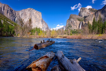 Stunning View of Yosemite Valley and Waterfall in Spring