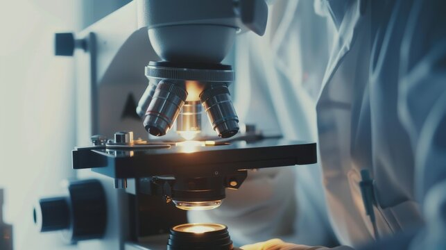 A close-up of a medical researcher using a microscope to examine cell samples with focus on the equipment and sample slides, set against a clean, bright laboratory environment