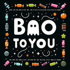 The phrase "boo to you" in quirky white letters above a simple, white ghost on a plain, empty black background with a thin border around the edges of minimal colorful Halloween candy in a color block.