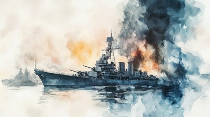 Obraz premium Majestic Warship at Sea in Artistic Watercolor Illustration. Pearl Harbor Remembrance Day