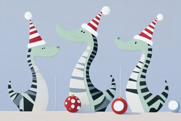 Obraz premium Three Cartoon Dinosaurs in Party Hats with Colorful Balls