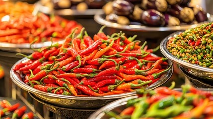 Fototapeta premium Vibrant display of fresh chilies, showcasing a variety of colors and textures in a bustling market setting.