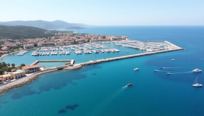  Idyllic marina with vibrant blue waters and bustling boats