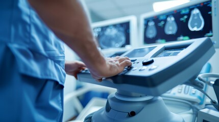 A close-up of a medical technician performing an ultrasound scan with focus on the ultrasound machine and patient’s abdomen, set against a bright, clinical examination room background