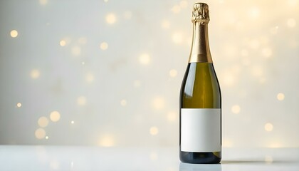 Champagne bottle with blank label for copy space on a white bokeh sparkle celebration anniversary wedding party background
