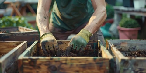 Man is working in a garden, wearing gloves and tending to a box of dirt. Concept of hard work and dedication to gardening