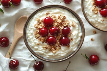 A bowl of yogurt with red cherries on top