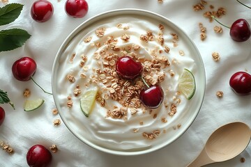 A bowl of yogurt with fruit and granola on top
