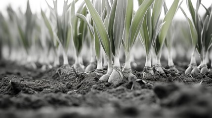 Field of onions with some of them being green. The onions are growing in the dirt. The field is full of onions and the plants are all different sizes