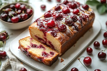 A cherry cake with a cherry topping is cut in half and placed on a white plate