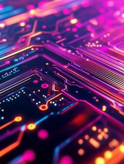 Obraz premium Vibrant pink and blue circuit board with detailed electronic pathways and connections, creating a futuristic technological pattern
