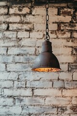 Obraz premium Rusted metal lamp hanging from a chain. The lamp is hanging from a brick wall