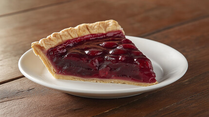 Obraz premium Cherry Pie Slice on Rustic Wooden Table: Close-Up Dessert Photography Highlighting Golden Crust and Juicy Cherry Filling for Autumn and Summer Seasons