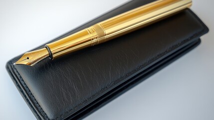 Gold fountain pen placed on top of a black leather wallet against a white background finance classic elegance in modern design