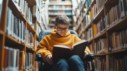 Disabled student enjoying book in library 