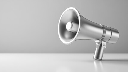 Minimalist silver megaphone icon placed neatly on a smooth white surface with soft reflections social awareness simple design for amplifying important messages